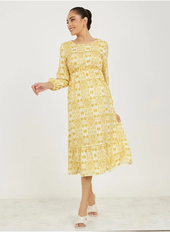 تايك تو Round Neck All Over Print A-Line Midi Dress