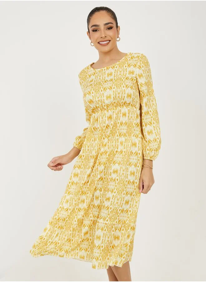 تايك تو Round Neck All Over Print A-Line Midi Dress