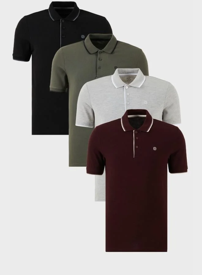 بوراتي Buratti Cotton Slim Fit Striped Detail Buttoned Polo Collar 4-Pack Men's T-Shirt 5902118S4