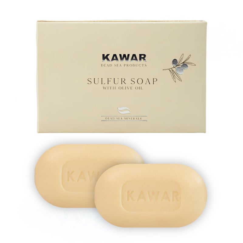KAWAR Dead Sea Sulfur Soap with Olive Oil, Relief Skin Conditions Such as Acne, Psoriasis, Eczema & Blackheads, for Oily to Normal Skin, Vegan Soap Bar for Men & Women, 4.2 oz (Pack of 2)