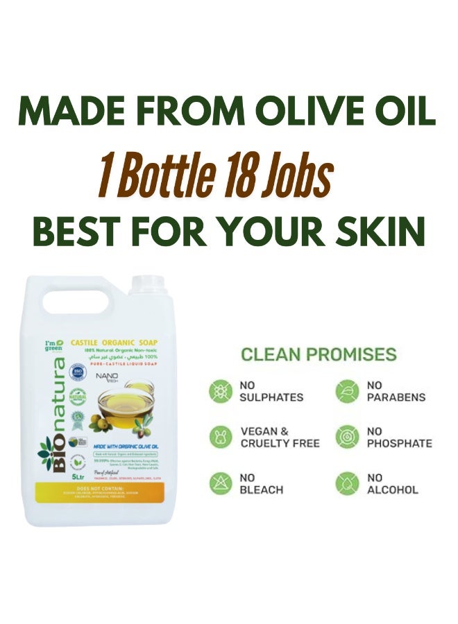 BioNatura Organic,Pure Castile Liquid Soap - 100% Natural, Made with Organic Oils, 18-in-1 Uses: Face, Body, Hair, Laundry, Pets and Dishes, Concentrated, Vegan, Non-GMO,Non Toxic - 1ltr (5 liters) - Image 2