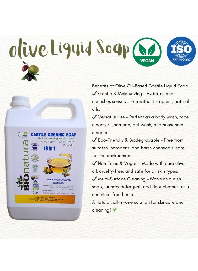 BioNatura Organic,Pure Castile Liquid Soap - 100% Natural, Made with Organic Oils, 18-in-1 Uses: Face, Body, Hair, Laundry, Pets and Dishes, Concentrated, Vegan, Non-GMO,Non Toxic - 1ltr (5 liters) - Image 5