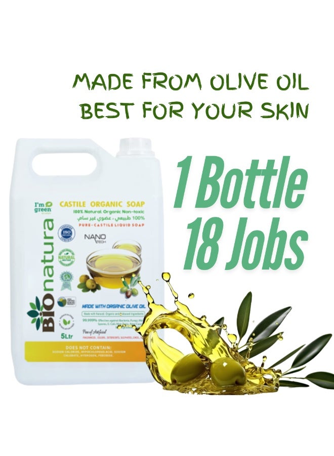 BioNatura Organic,Pure Castile Liquid Soap - 100% Natural, Made with Organic Oils, 18-in-1 Uses: Face, Body, Hair, Laundry, Pets and Dishes, Concentrated, Vegan, Non-GMO,Non Toxic - 1ltr (5 liters) - Image 3