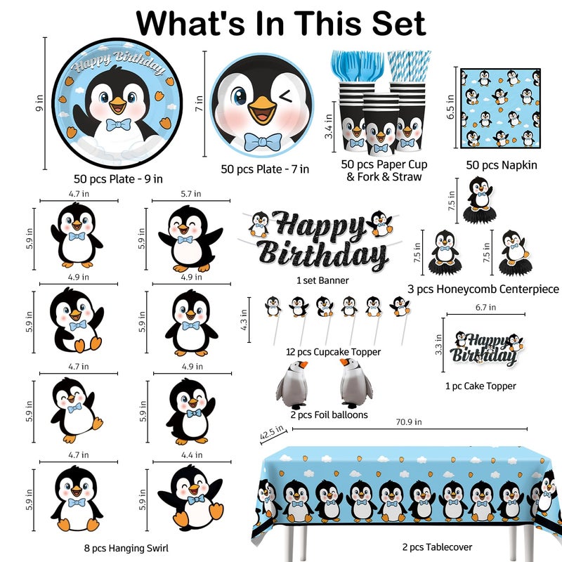 Xynic 179pcs Penguin Birthday Decorations Tableware Complete Party Set, Penguin Party Decorations Serves 25 Guests, includes Penguin-Theme Paper Banner Cake Topper Balloons Plates Napkins Cups, etc - Image 2
