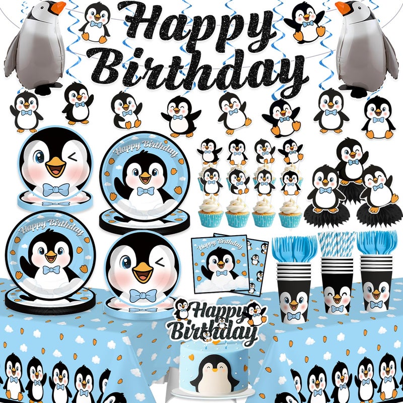 Xynic 179pcs Penguin Birthday Decorations Tableware Complete Party Set, Penguin Party Decorations Serves 25 Guests, includes Penguin-Theme Paper Banner Cake Topper Balloons Plates Napkins Cups, etc - Image 1