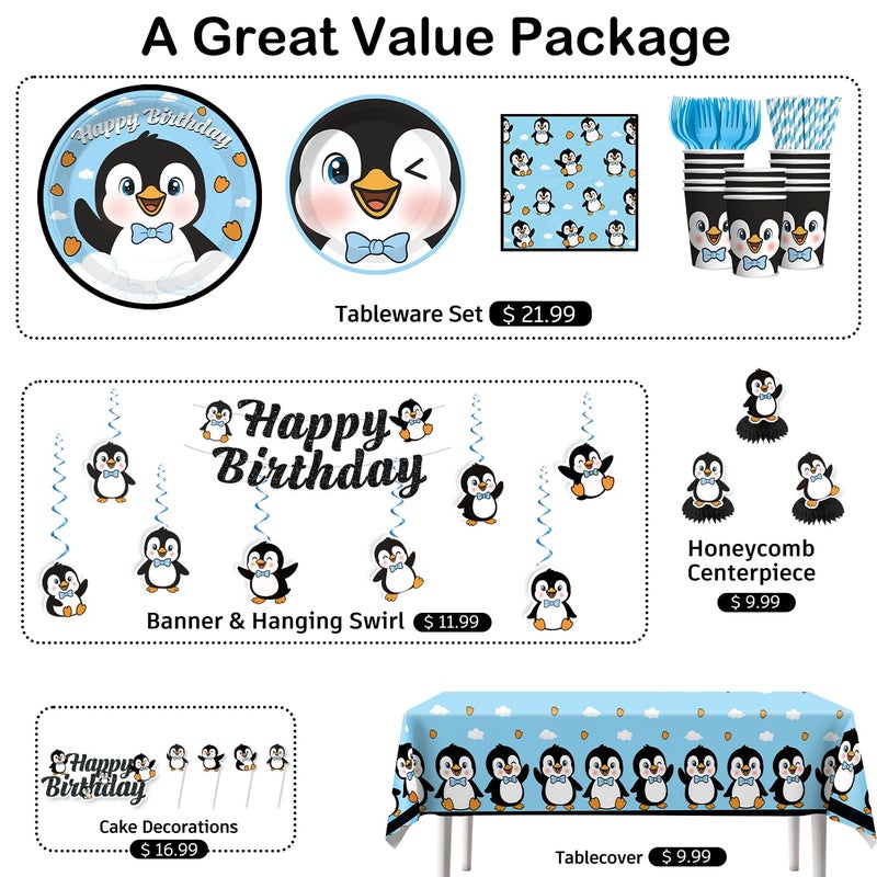 Xynic 179pcs Penguin Birthday Decorations Tableware Complete Party Set, Penguin Party Decorations Serves 25 Guests, includes Penguin-Theme Paper Banner Cake Topper Balloons Plates Napkins Cups, etc - Image 3