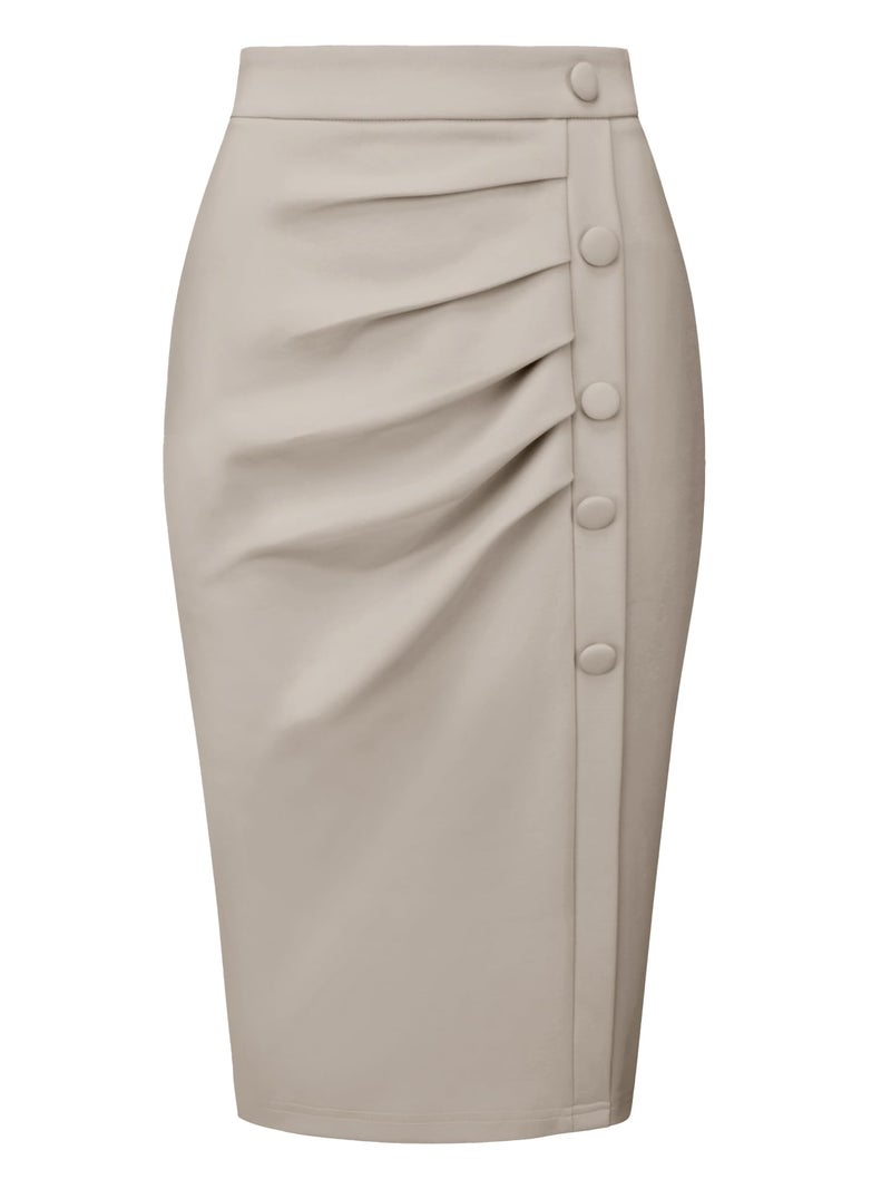 Hobemty Womens Wear to Work Pencil Skirt Elastic High Waist Ruched Bodycon Midi Skirts Large Beige Grey