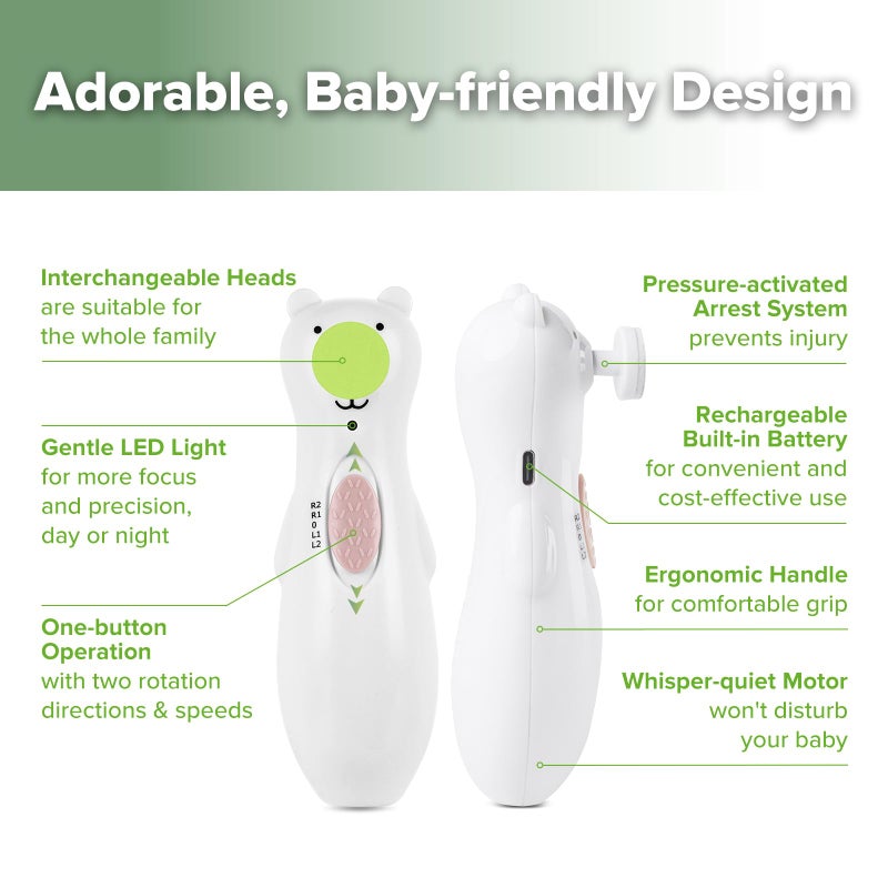 haakaa Rechargeable Baby Nail File Baby Nail Trimmer Electric with LED Light, Rechargeable Baby Nail Clippers for Newborn/Adults Toes and Fingernails, Additional Replacement Heads & Charging Cable - Image 4
