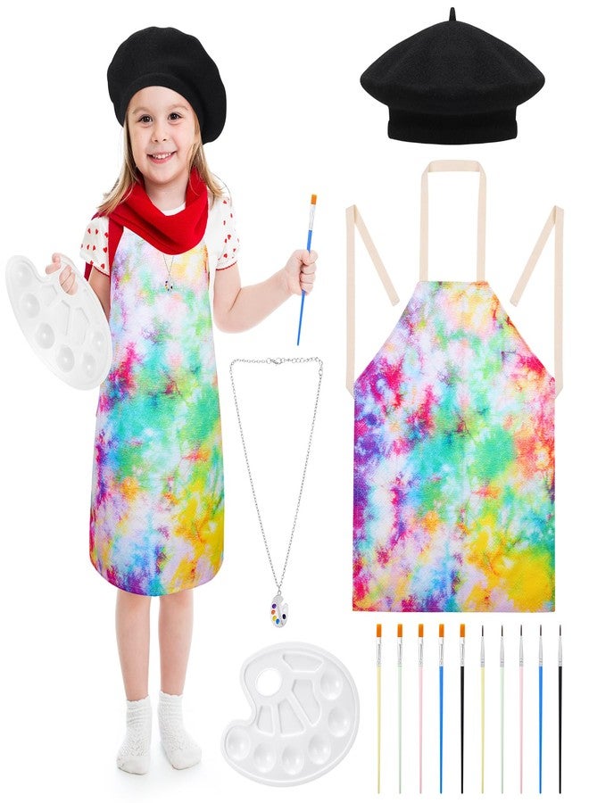 XLSXEXCL 14Pcs Kids Artist Costume Accessories Set with Tie Dye Apron Beret Hat Painting Brush Drawing Palette Necklace for Halloween Painter Dress Up - Image 1
