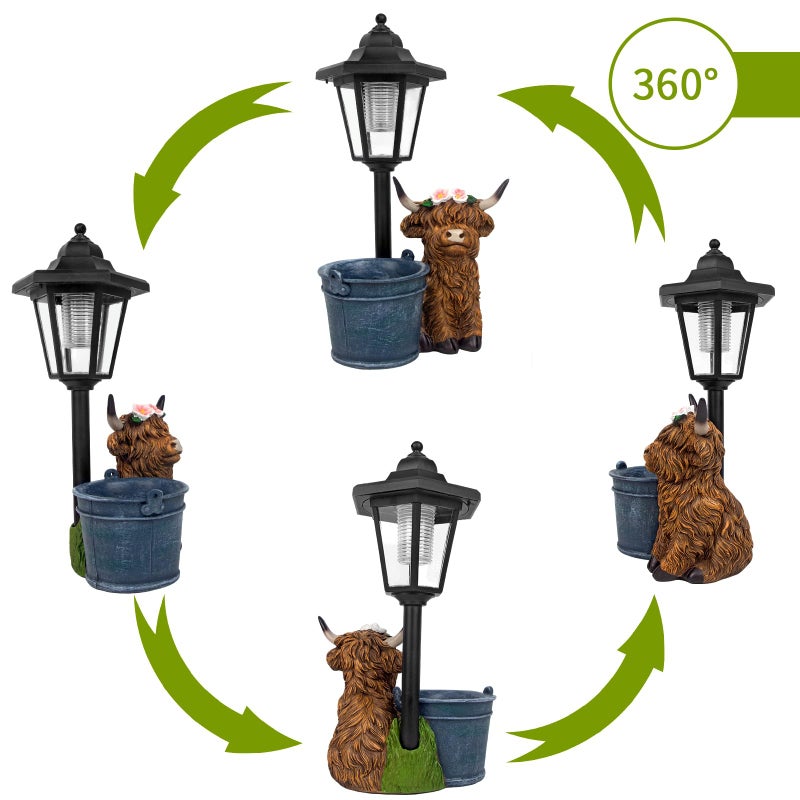 YEPOTUE Solar Highland Cow Outdoor Statue, Garden Decor with Flowerpot & Lantern Highland Cow Figurines for Yard Art Lawn Ornaments Porch Patio Balcony - Gifts for Women Mom - Image 3