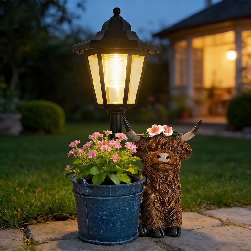 YEPOTUE Solar Highland Cow Outdoor Statue, Garden Decor with Flowerpot & Lantern Highland Cow Figurines for Yard Art Lawn Ornaments Porch Patio Balcony - Gifts for Women Mom - Image 1
