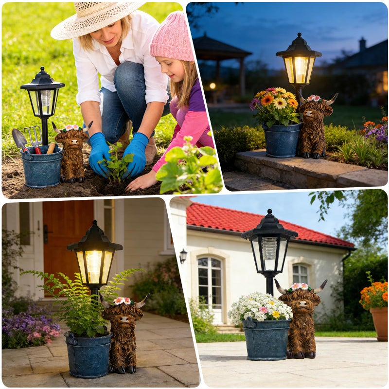 YEPOTUE Solar Highland Cow Outdoor Statue, Garden Decor with Flowerpot & Lantern Highland Cow Figurines for Yard Art Lawn Ornaments Porch Patio Balcony - Gifts for Women Mom - Image 5
