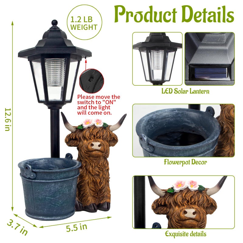 YEPOTUE Solar Highland Cow Outdoor Statue, Garden Decor with Flowerpot & Lantern Highland Cow Figurines for Yard Art Lawn Ornaments Porch Patio Balcony - Gifts for Women Mom - Image 2