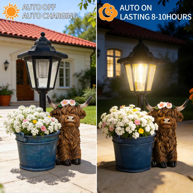 YEPOTUE Solar Highland Cow Outdoor Statue, Garden Decor with Flowerpot & Lantern Highland Cow Figurines for Yard Art Lawn Ornaments Porch Patio Balcony - Gifts for Women Mom - Image 4