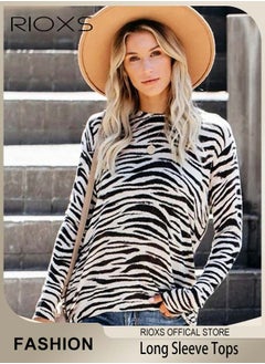 Women's Long Sleeve Basic Shirts with Zebra Stripes, Comfortable Skin-friendly Slim Fitted Underscrub, Soft Stretchy Tops, Round-neck Pullover for Women, Classic Simple Undershirt with Fitted Silhouette, Versatile Essential Piece that Can Adapt to Any Situation