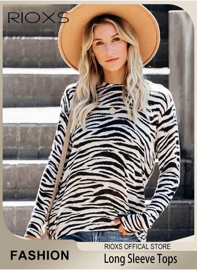 RIOXS - Women's Long Sleeve Basic Shirts with Zebra Stripes, Comfortable Skin-friendly Slim Fitted Underscrub, Soft Stretchy Tops, Round-neck Pullover for Women, Classic Simple Undershirt with Fitted Silhouette, Versatile Essential Piece that Can Adapt to Any Situation - Image 1