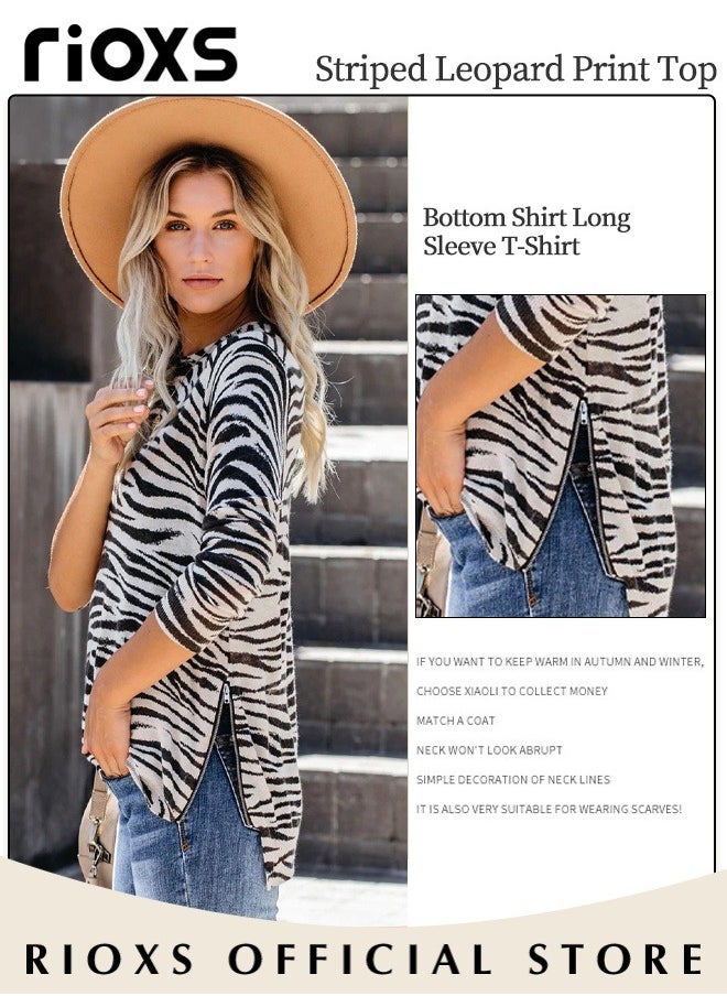 RIOXS - Women's Long Sleeve Basic Shirts with Zebra Stripes, Comfortable Skin-friendly Slim Fitted Underscrub, Soft Stretchy Tops, Round-neck Pullover for Women, Classic Simple Undershirt with Fitted Silhouette, Versatile Essential Piece that Can Adapt to Any Situation - Image 1