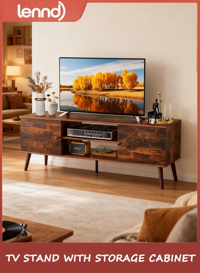 LENND TV Cabinet for 55 60 inch TV, TV Entertainment Center with Storage Cabinet, TV Mid Century Vintage Media Console Table, Adjustable Hinge, Wooden Television Furniture for Living Room, Office - Image 1