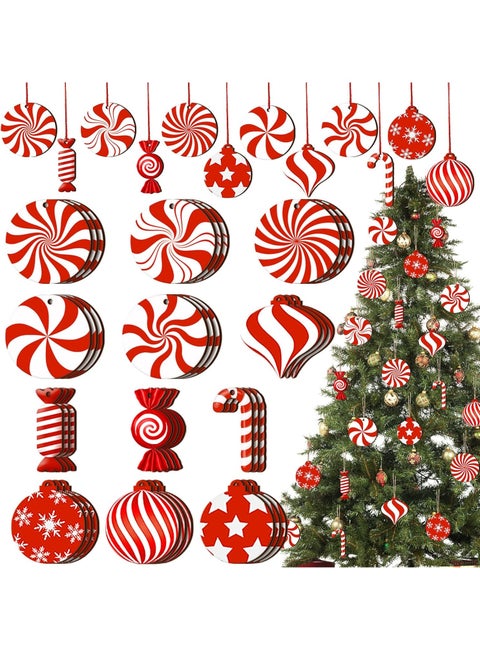 24pcs Candy Cane Christmas Ornaments Wooden Hanging Decoration Christmas Tree Openwork Mint for Family Party Decoration Supplies (Candy Style)