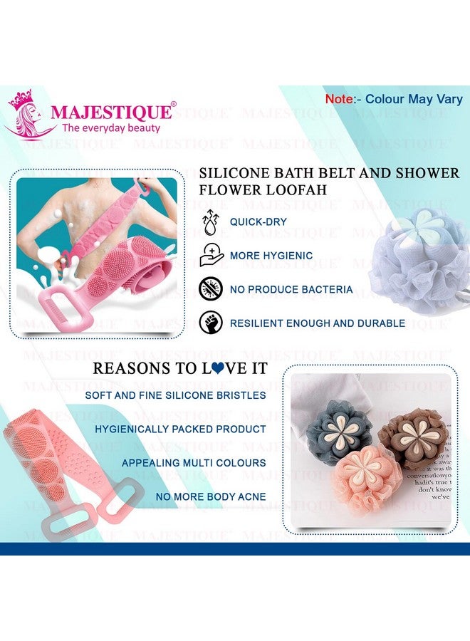 Majestique Experty Designed Net Cleanse Flower Loofah, Long Belt Bath Loofah | 100% Silicone Bath Scrub Belt, Body and Skin Belt - Stretchable Body Back Scrubber (Pack of 2) - Image 4