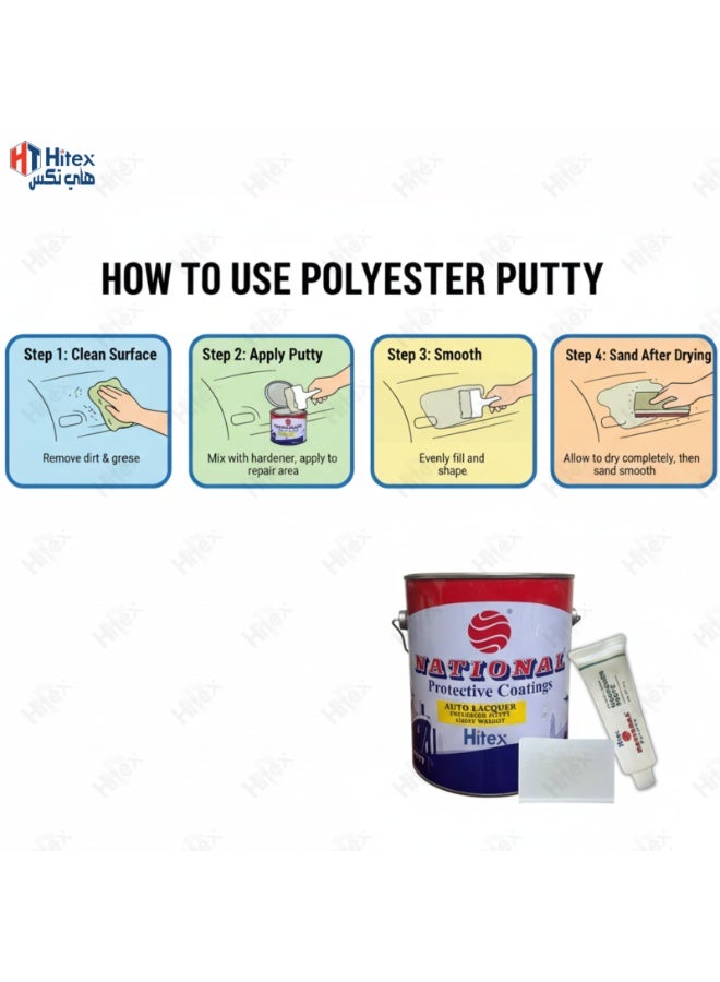 Hitex National Paints Polyester Putty Body Filler with Hardener | High Adhesion Scratch Filler for Car Body, Wood, Marine & Steel | Easy Sanding, Smooth Finish | Automotive & DIY Repair (3.4 Kg) - Image 4