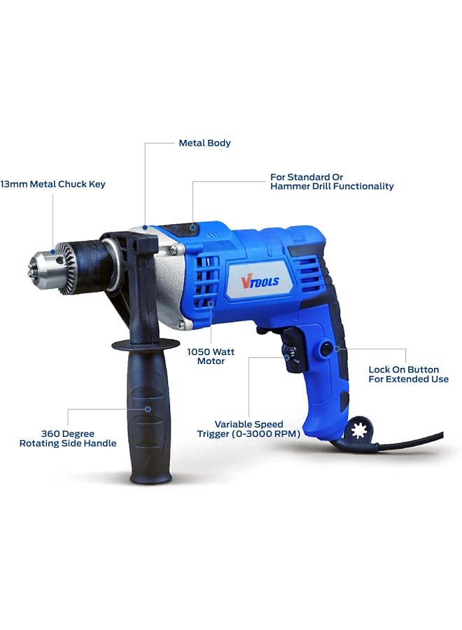VTOOLS High Quality 1050 Watt Impact Drill With Multi Function Hammer And Drill Metal Body 360°Rotating Side Handle Guide Ruler And Variable Speed Blue Vt1207 - Image 2