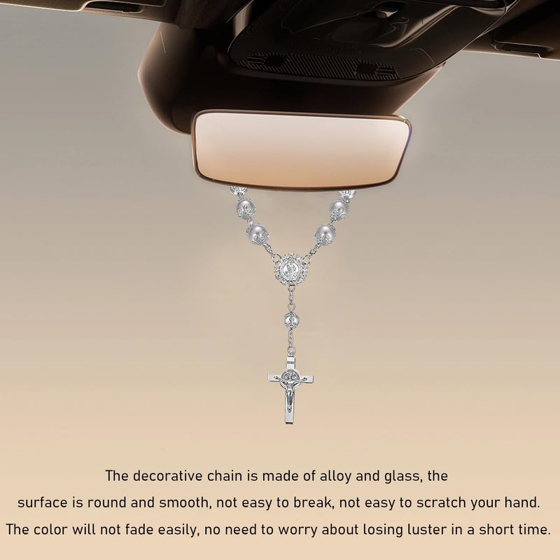Ohleats Car Rosary for Rearview Mirror, Personalized Rear View Cross Blessing Beads Decor, Auto Rearview Catholic Rosary Hanging Pendant, Car Interior Hanging Accessories (Silver) - Image 4