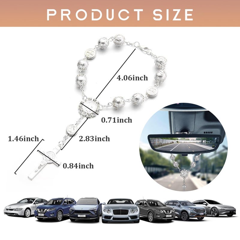Ohleats Car Rosary for Rearview Mirror, Personalized Rear View Cross Blessing Beads Decor, Auto Rearview Catholic Rosary Hanging Pendant, Car Interior Hanging Accessories (Silver) - Image 2