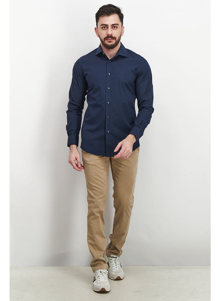 Cavalli Class Men Comfort Fit Spread Neckline Long Sleeve Formal Shirts, Navy  - Image 3