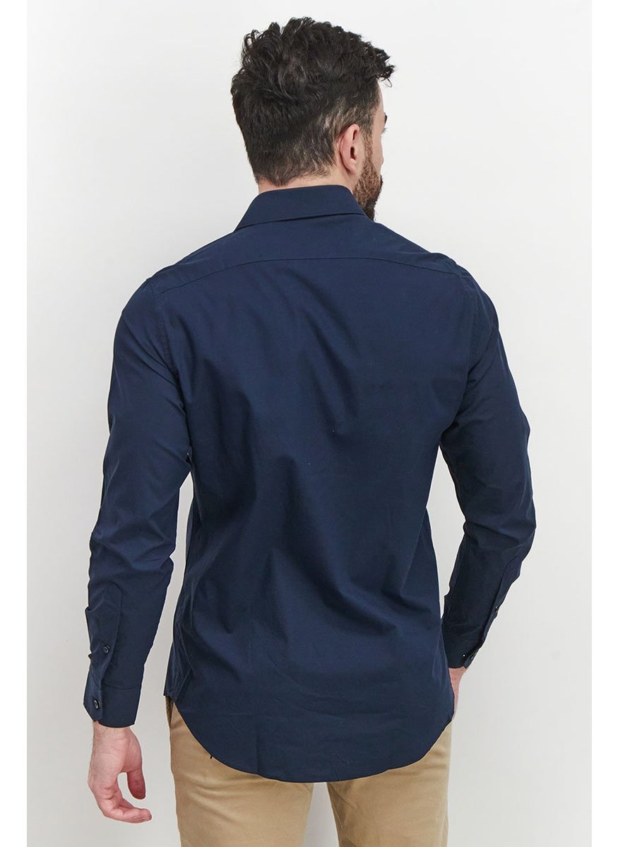 Cavalli Class Men Comfort Fit Spread Neckline Long Sleeve Formal Shirts, Navy  - Image 2