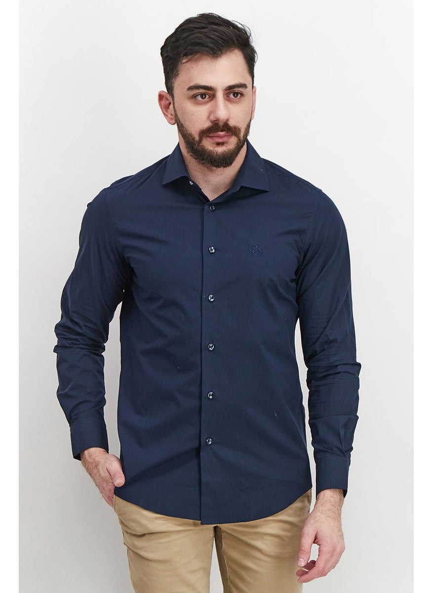 Cavalli Class Men Comfort Fit Spread Neckline Long Sleeve Formal Shirts, Navy  - Image 1
