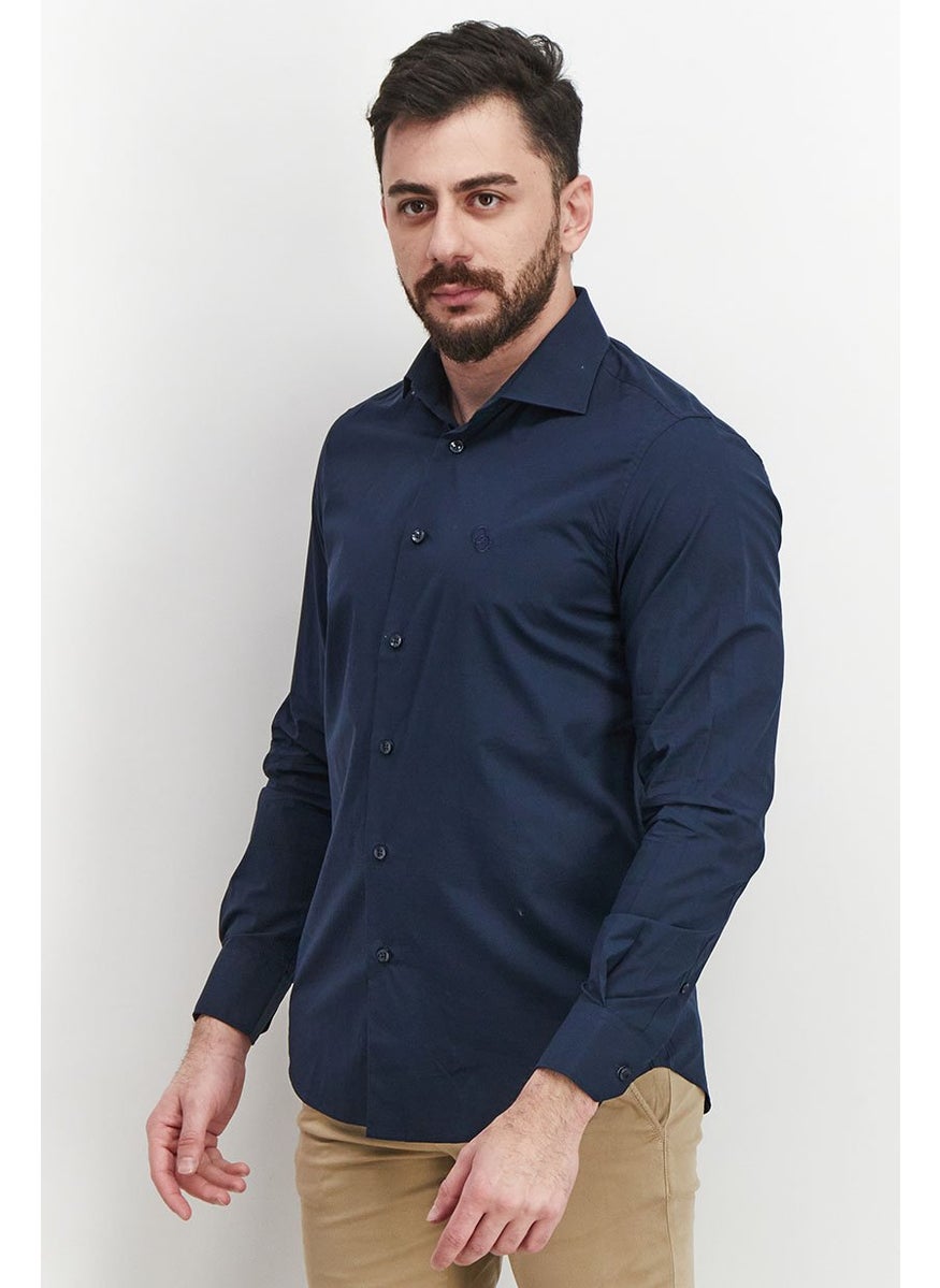 Cavalli Class Men Comfort Fit Spread Neckline Long Sleeve Formal Shirts, Navy  - Image 4
