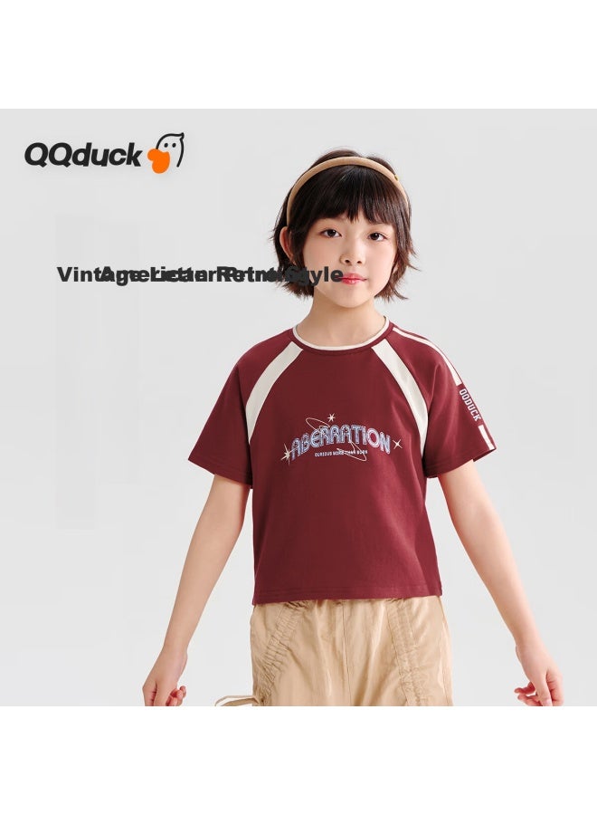 Qq Duck Girls' Short Sleeve T-Shirt Children'S Summer Clothing Teenage American Street American Short T Red; 130 - Image 3