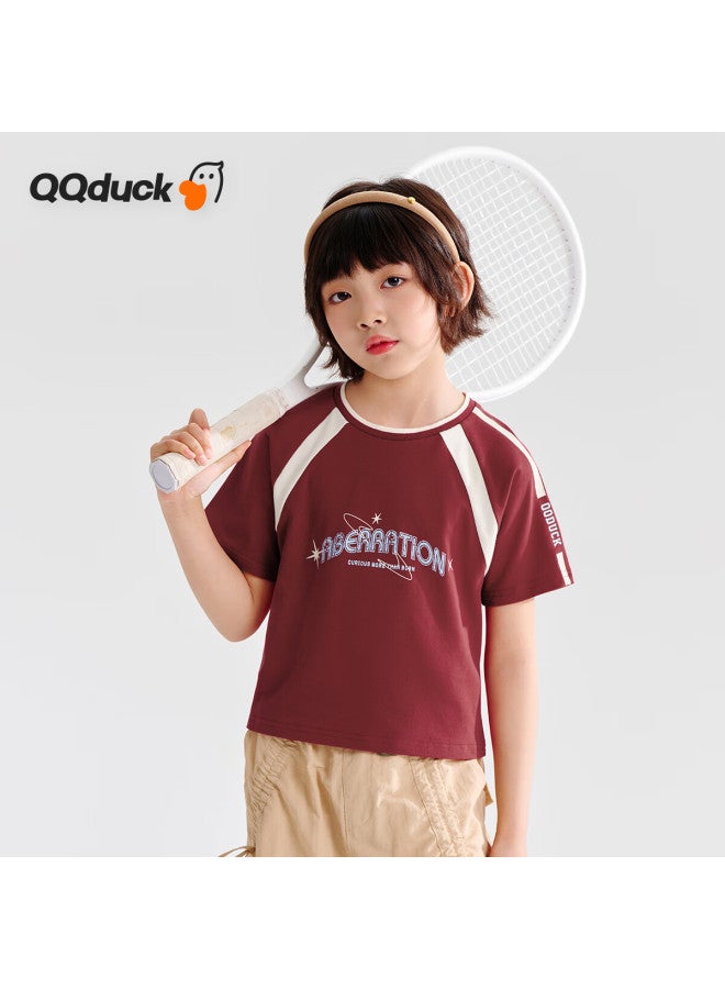 Qq Duck Girls' Short Sleeve T-Shirt Children'S Summer Clothing Teenage American Street American Short T Red; 130 - Image 2