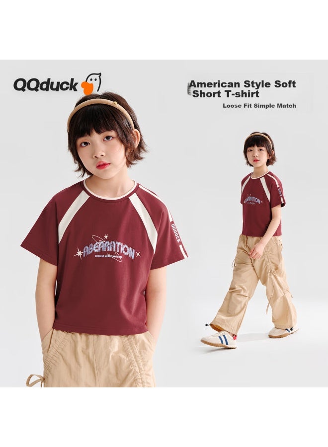 Qq Duck Girls' Short Sleeve T-Shirt Children'S Summer Clothing Teenage American Street American Short T Red; 130 - Image 1