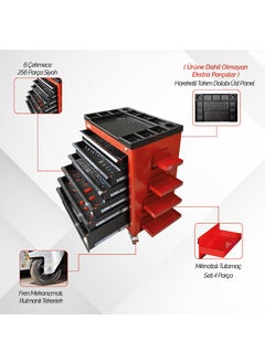 Brio Movable Wheeled Tool Cabinet Tool Trolley 6 Drawers Lockable XL 256 Pieces Black Full  - Image 4