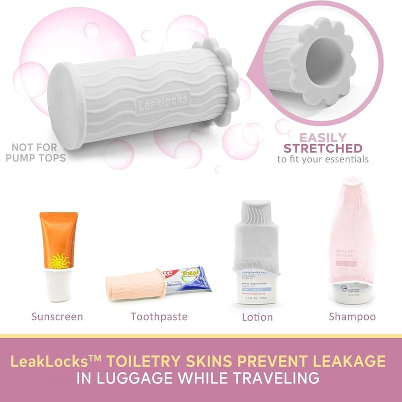 Rinseroo LeakLocks® Toiletry Skins™ Elastic Sleeve for Leak Proofing Travel Container in Luggage. For Standard and Travel Sized Toiletries. Reusable Accessory for Travel Bag Suitcase and Carry-on Luggage - Image 2