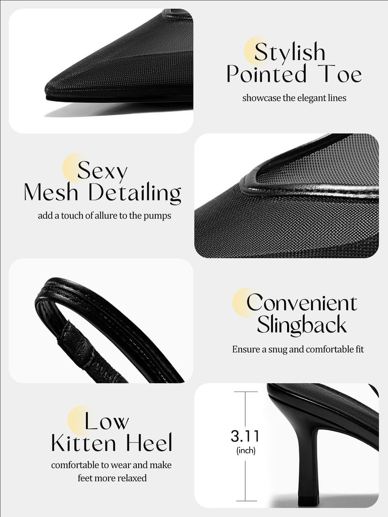 Coutgo Womens Slingback Kitten Heels Closed Pointed Toe Low Heel Mesh Pumps Sexy Dress Shoes, Black, Size 8.5 - Image 5