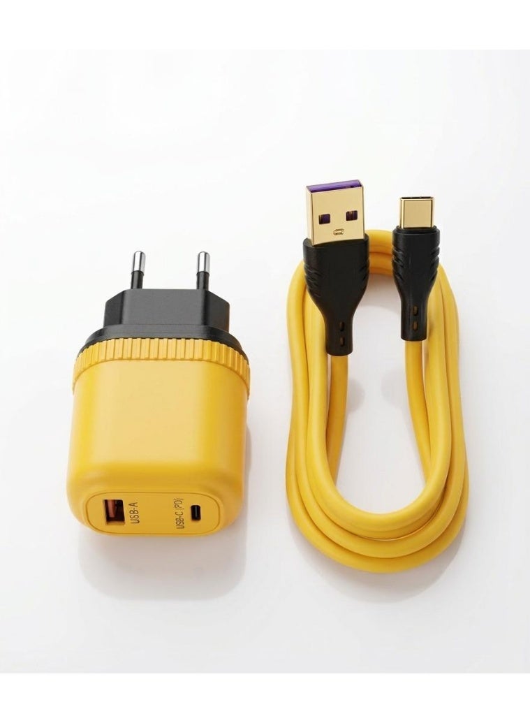 شاحن جداري سريع ALK-178 بتقنية GaN بقوة 45 وات، بمنفذين USB-A و Type-C - لون اصفر.