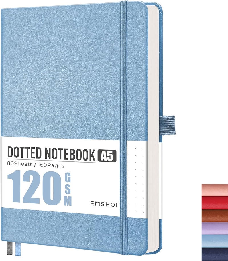 دفتر ملاحظات A5 منقط - 120gsm ورق سميك، غلاف صلب جلدي شبكي منقط لتدوين الرصاص مع 128 صفحة، استنسلات دفتر، جيب داخلي، 21 × 14.5 سم، أزرق فاتح - Image 1
