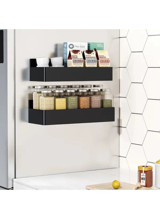 Fridge Side Magnetic Storage Basket 2Pcs Set No Drill Wall Mounted Spice Rack Black Kitchen Organizer Shelf For Microwave Washing Machine Cabinets Plastic Hanging Organizer Rack Multi Purpose Kitchen Storage Solution Modern Kitchen Accessory - Image 2