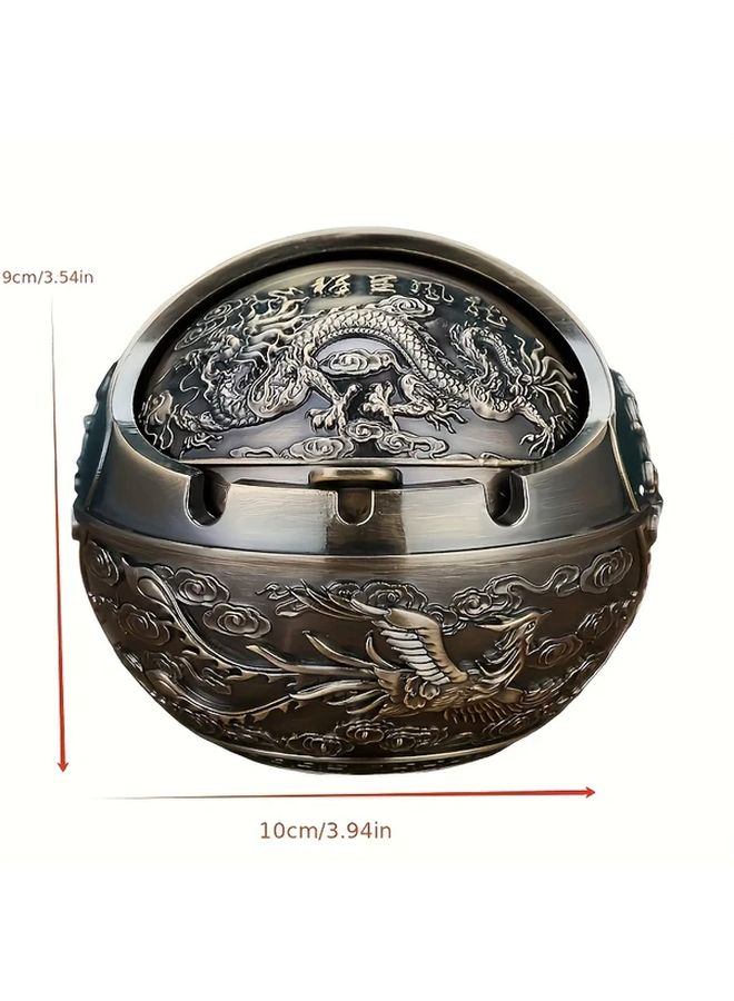 Vintage Bronze Dragon Phoenix Metal Ashtray With Lid Windproof Decorative - Image 2