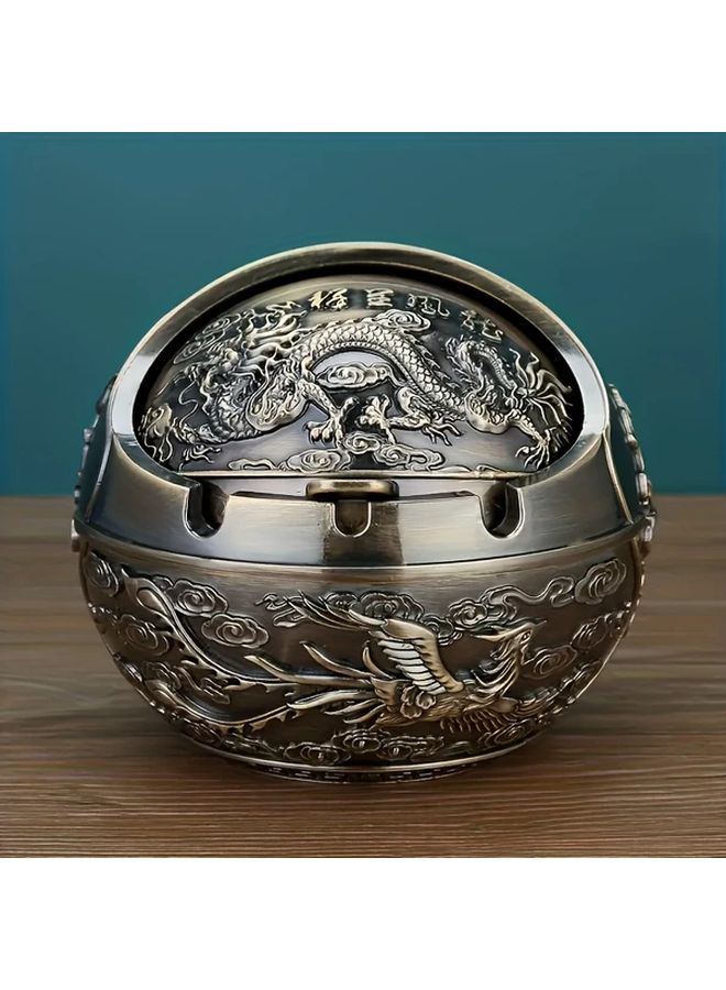 Vintage Bronze Dragon Phoenix Metal Ashtray With Lid Windproof Decorative - Image 5