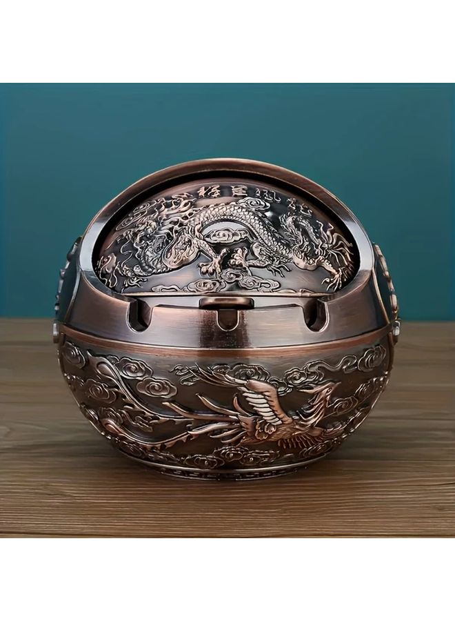 Vintage Bronze Dragon Phoenix Metal Ashtray With Lid Windproof Decorative - Image 1