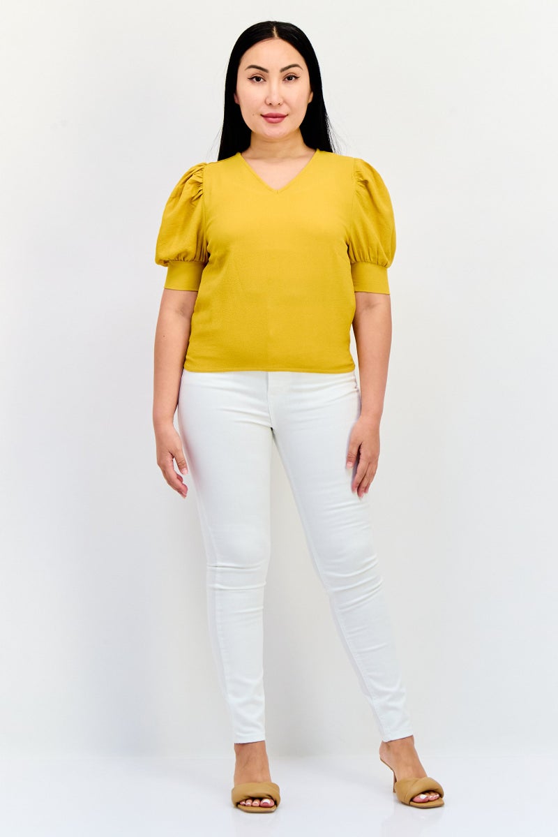 ONLY بلوزة نسائية بأكمام قصيرة على شكل حرف V، ذهبية - Image 4