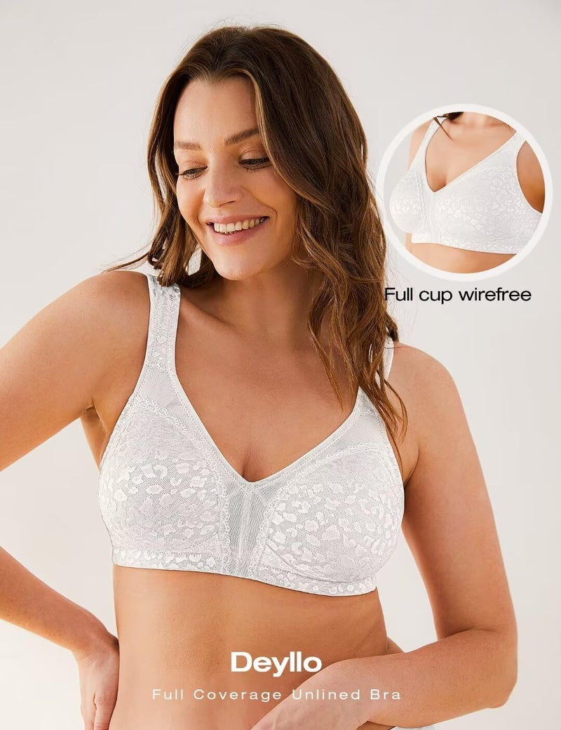 Deyllo Women's Full Coverage Plus Size Comfort Minimizer Bra Wirefree Non Padding(White,40D) - Image 4