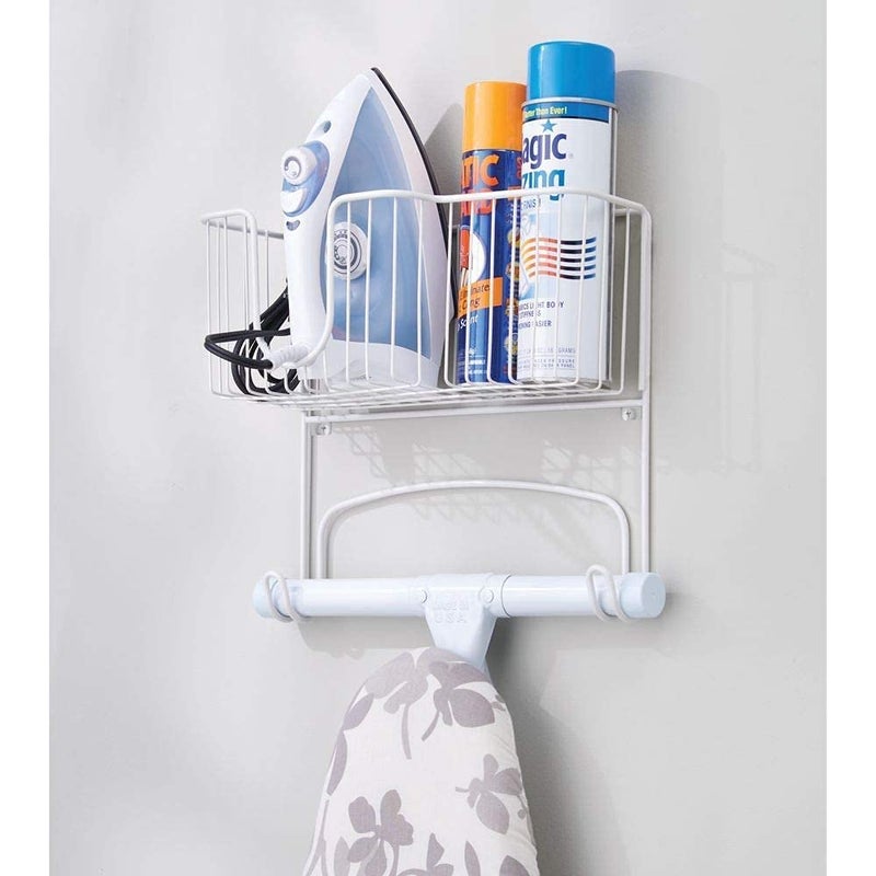 INDIAN DECOR 28938 Wall Mounted Ironing Board Holder Steel Ironing Board Rack For Easy Organisation Includes Basket For Iron Storage White - Image 2