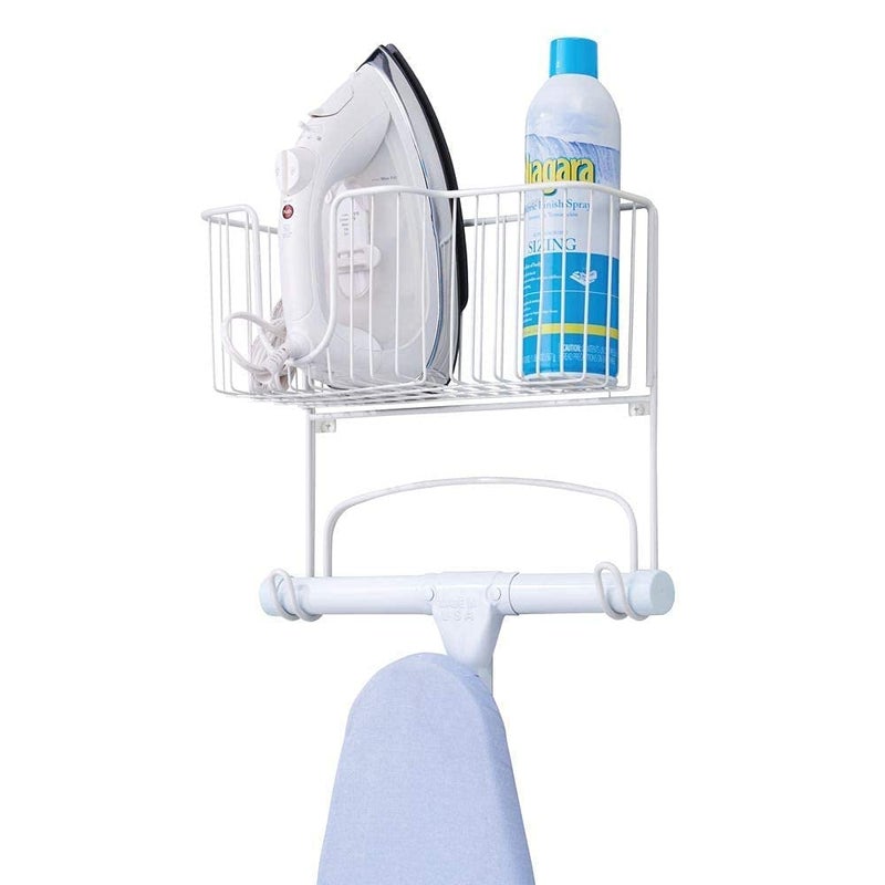 INDIAN DECOR 28938 Wall Mounted Ironing Board Holder Steel Ironing Board Rack For Easy Organisation Includes Basket For Iron Storage White - Image 1