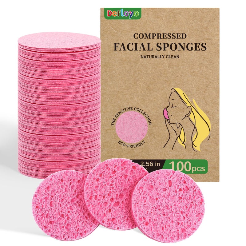 derloyo 100-Count Compressed Facial Sponges, Natural Cellulose Face Sponges for Cleansing, Exfoliating, Washing face, Makeup Removal, and Spa Use - Travel Skincare Essentials for women - Image 1