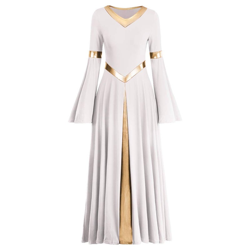 IDOPIP Metallic Praise Dance Dresses for Women Liturgical Lyrical Dancewear Gold Color Block Bell Long Sleeve Dance Dress Loose Fit Full Length Robe Tunic Skirt Swing Gown Worship Costume White 2XL - Image 2